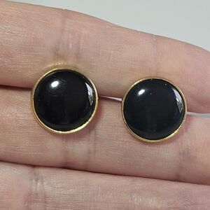 Round Cabochon Pioneer Black & Gold Tone Vintage Cufflinks